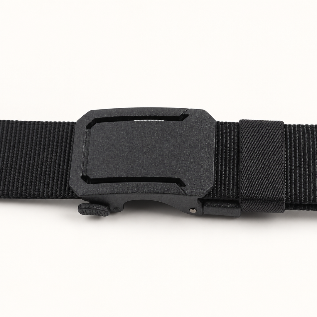 Detail van de matzwarte automatische gesp en keeper-lus van de zwarte BuckleUp Outdoor Belt