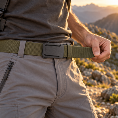 Wandelaar trekt de legergroene BuckleUp outdoor riem aan op een rotsachtig bergpad bij zonsondergang