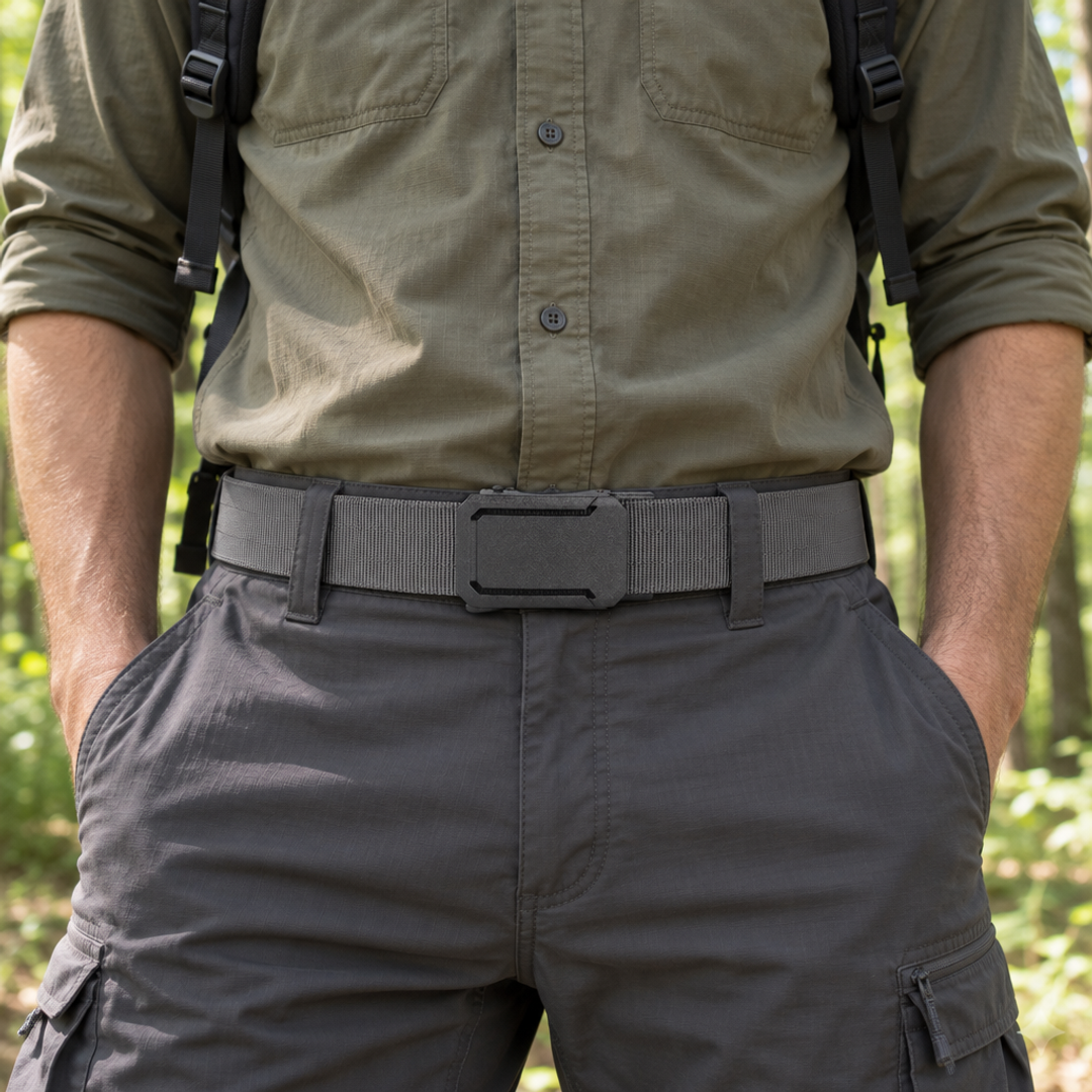 Man in outdoorkleding draagt de grijze BuckleUp Outdoor Belt in het bos, close-up op taillehoogte