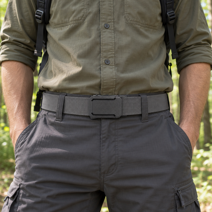 Man in outdoorkleding draagt de grijze BuckleUp Outdoor Belt in het bos, close-up op taillehoogte