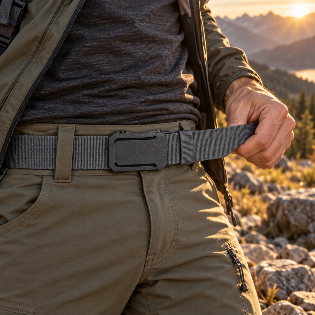 Wandelaar trekt de grijze BuckleUp Outdoor Belt aan op een bergpad bij zonsondergang