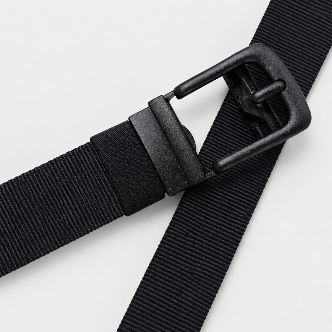 Zwarte BuckleUp Outdoor Belt van nylon, band kruislings gedraaid met de matzwarte automatische gesp prominent in beeld op een effen achtergrond