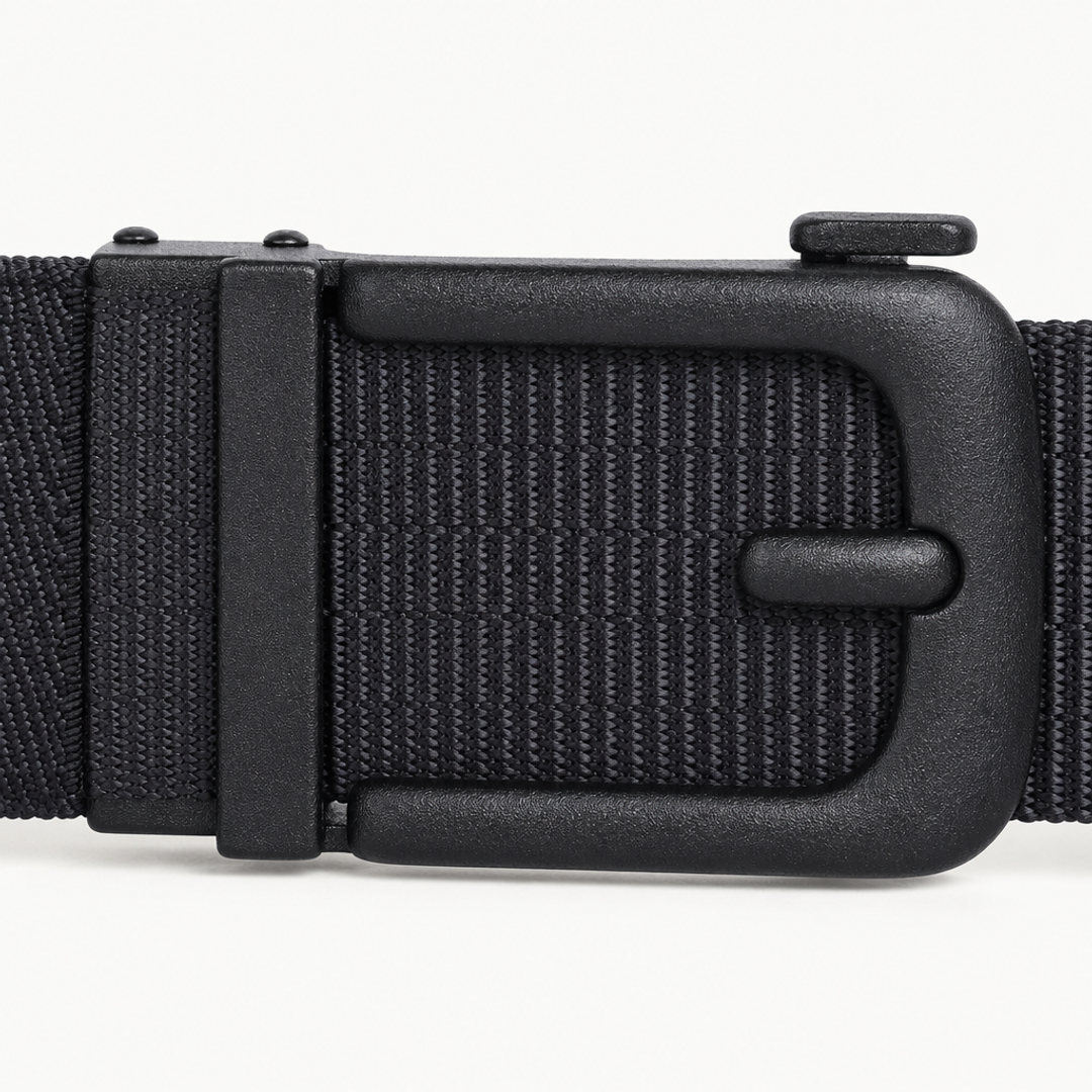Close-up van de matzwarte automatische gesp van de zwarte BuckleUp Outdoor Belt met de dwarse pin in het open gespvenster