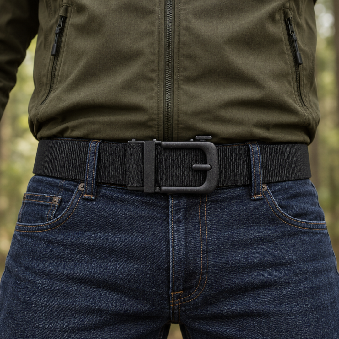 Man in spijkerbroek en olijfgroene outdoorjas draagt de zwarte BuckleUp Outdoor Belt met de gesp vooraan, in een bos