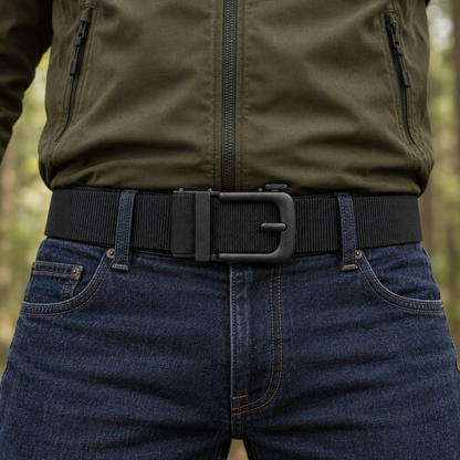 Man in spijkerbroek en olijfgroene outdoorjas draagt de zwarte BuckleUp Outdoor Belt met de gesp vooraan, in een bos