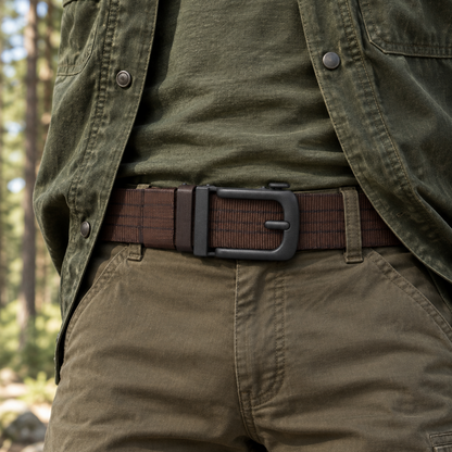 Man in outdoorkleding in een dennenbos draagt de bruine BuckleUp Outdoor Belt met matzwarte gesp