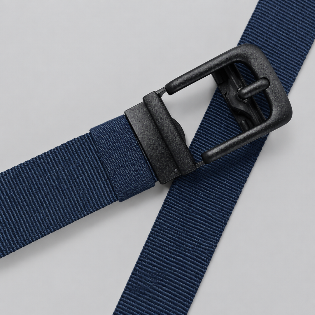 Detail van de mat zwarte automatische gesp van de blauwe BuckleUp Outdoor Belt met nylon keeper-lus en geribbeld weefsel