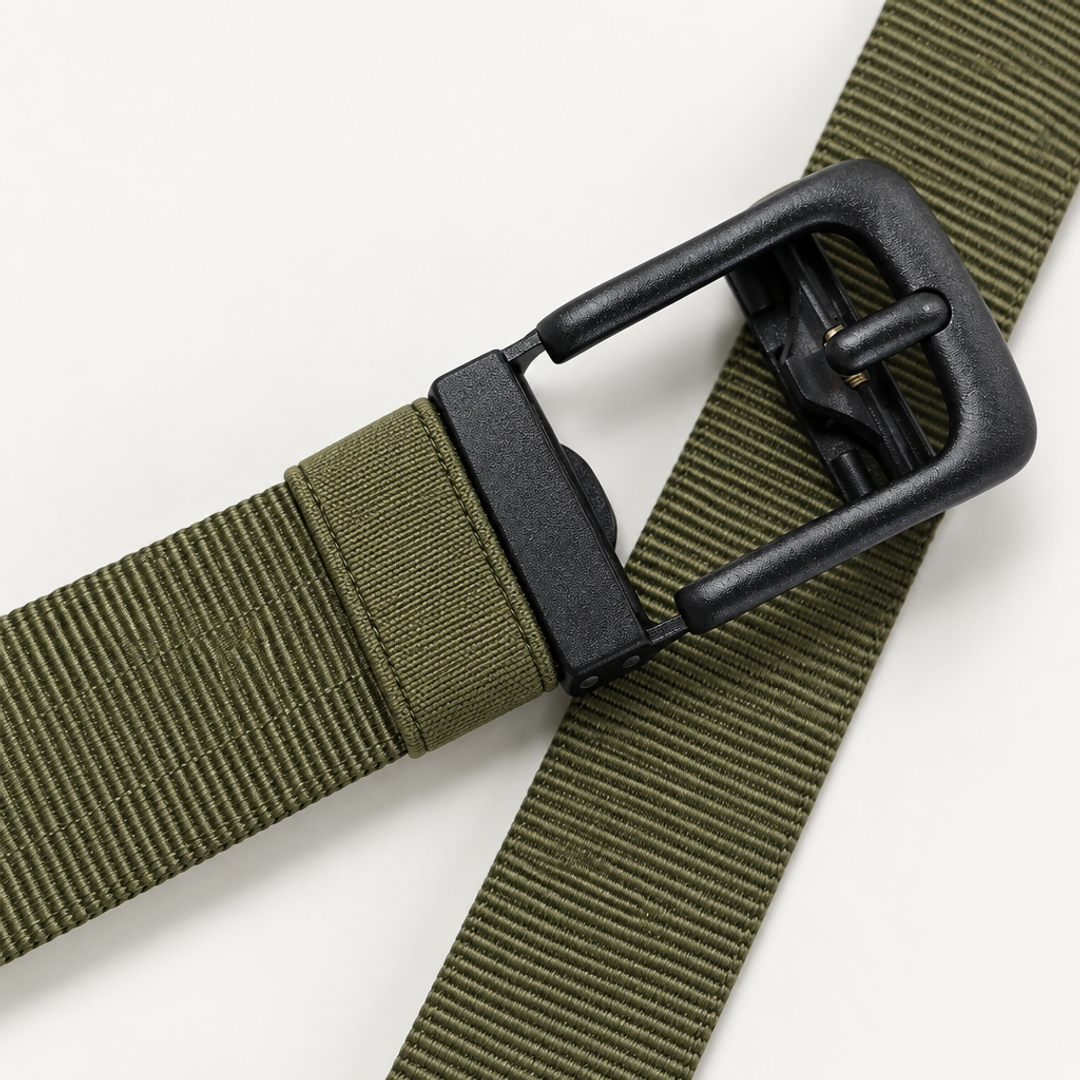 Close-up van de matzwarte automatische gesp van de groene BuckleUp Outdoor Belt met de afgeronde D-beugel, de pin-staaf en de groene nylon keeper