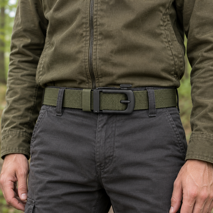Man op een bospad draagt de groene BuckleUp Outdoor Belt in zijn werkbroek, met de matzwarte automatische gesp midden in beeld