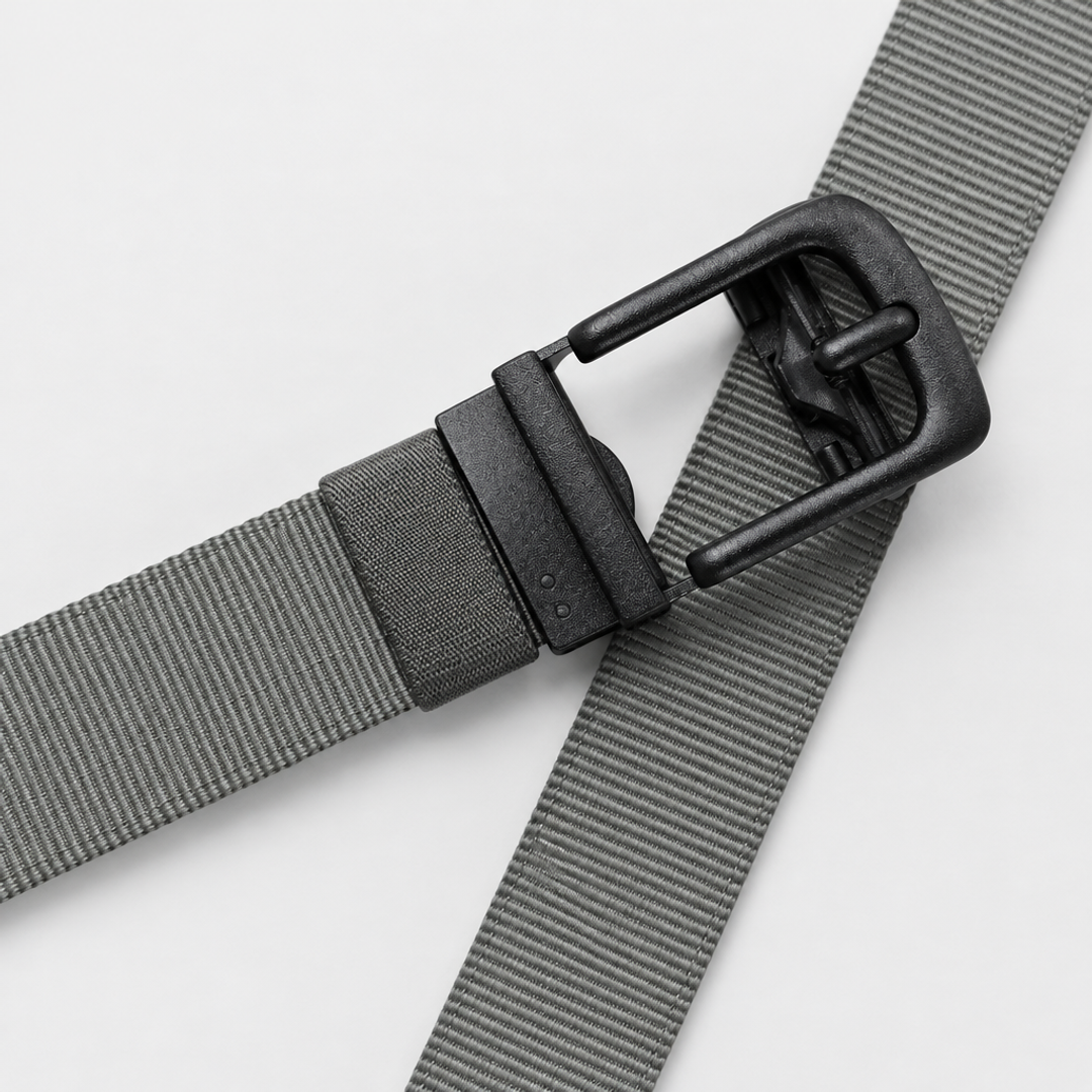Detail van de matzwarte automatische gesp en keeper-lus van de grijze BuckleUp Outdoor Belt