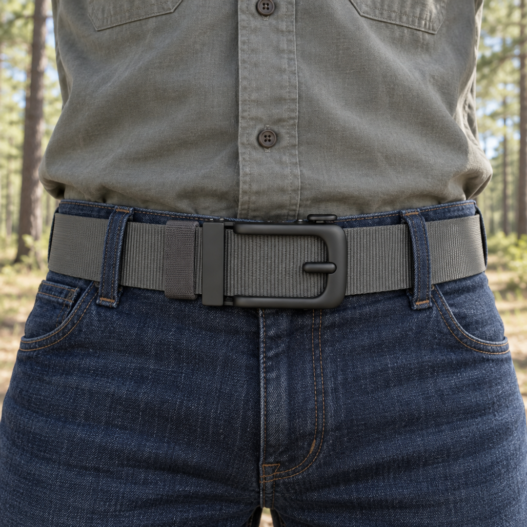 Man draagt de grijze BuckleUp Outdoor Belt door de lussen van een spijkerbroek in een dennenbos