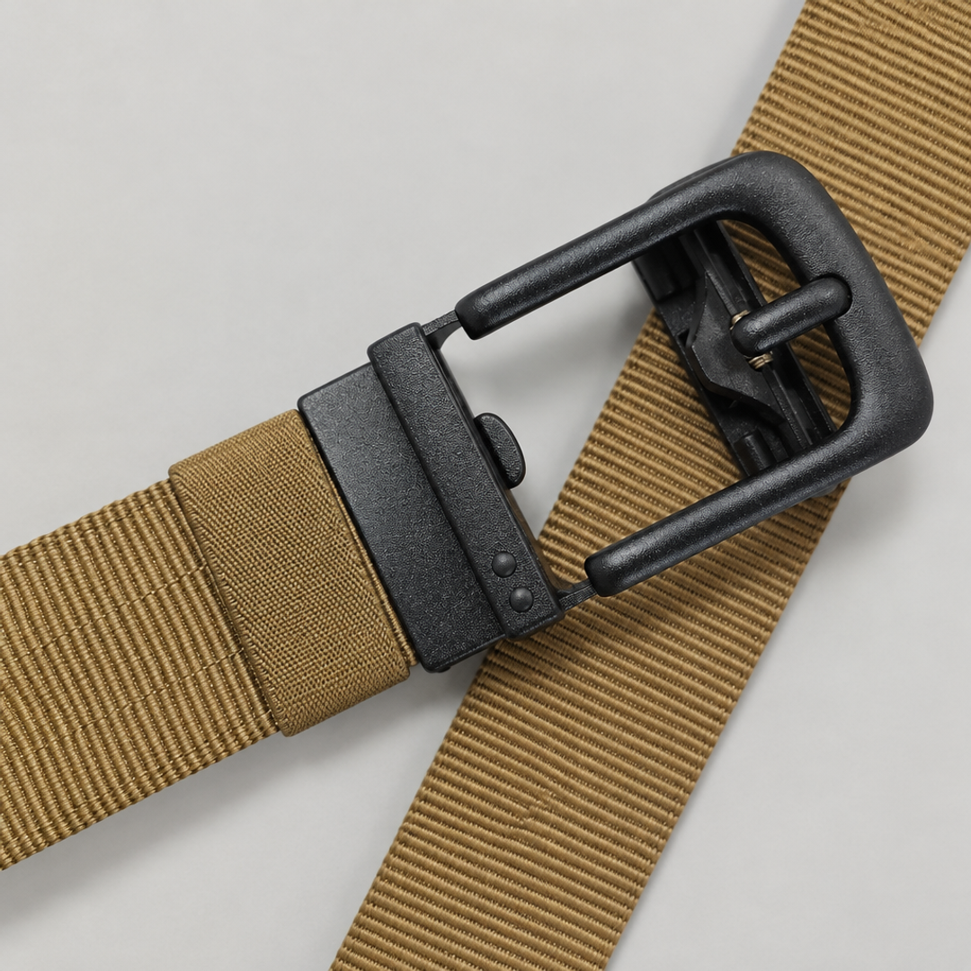 Detailopname van de mat zwarte automatische gesp van de gele BuckleUp Outdoor Belt met khaki nylon band