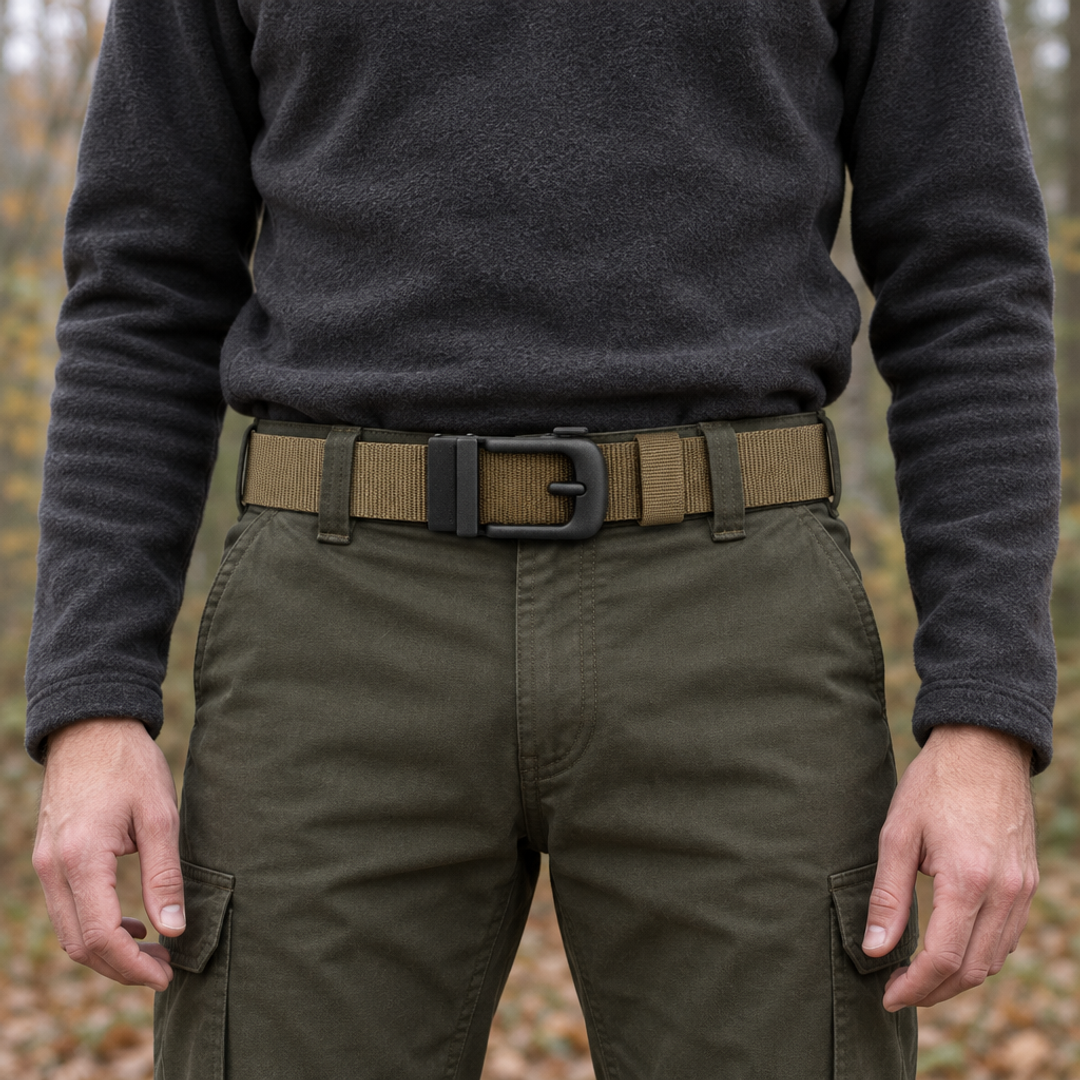 Man in het bos draagt de gele BuckleUp Outdoor Belt met khaki nylon band door de lussen van een olijfgroene outdoorbroek