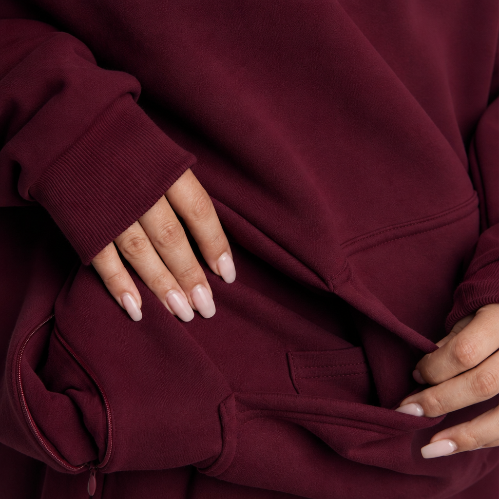 Sleepy Travel Hoodie in Bordeaux, close-up van de binnenkant van de kangoeroezak