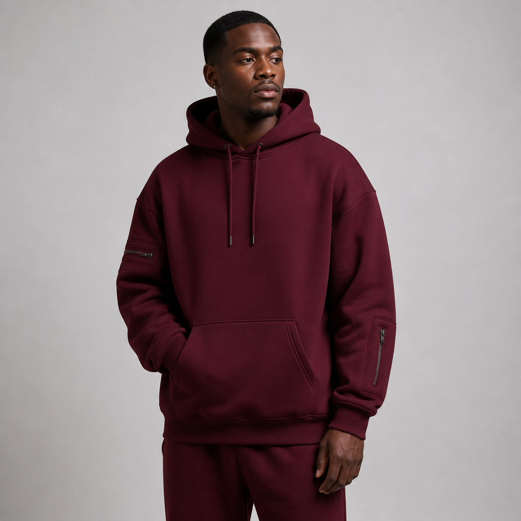 Sleepy Travel Hoodie Bordeaux - mannelijk model, hand in zak met zichtbare ritsvakken