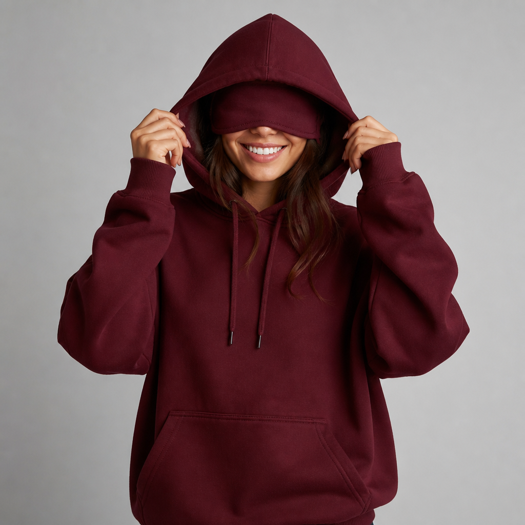Sleepy Travel Hoodie in Bordeaux, model met hood op en oogmasker naar beneden getrokken
