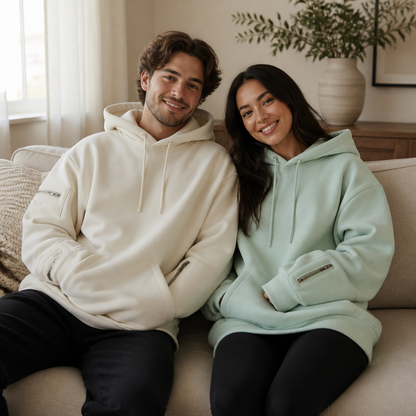Sleepy Travel Hoodie - koppel op de bank, Off-White en Mint, met zichtbare ritsvakken