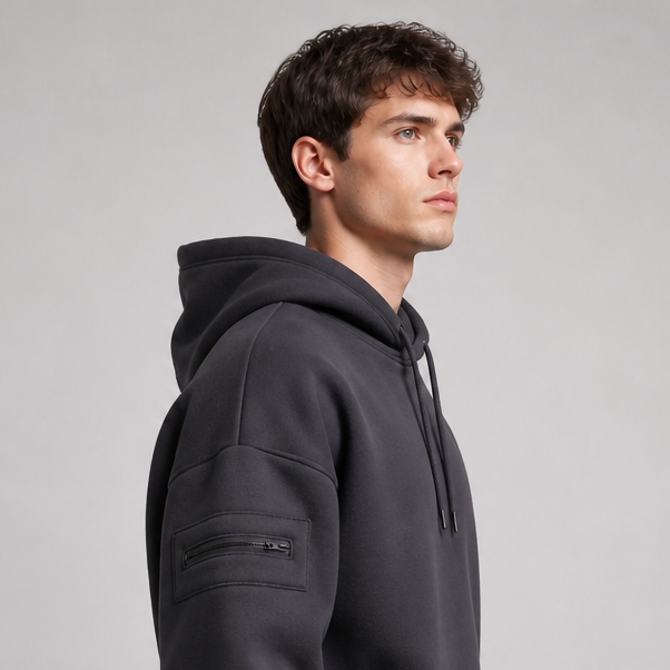 Sleepy Travel Hoodie Grijs - mannelijk model zijaanzicht met zichtbare ritsvakken