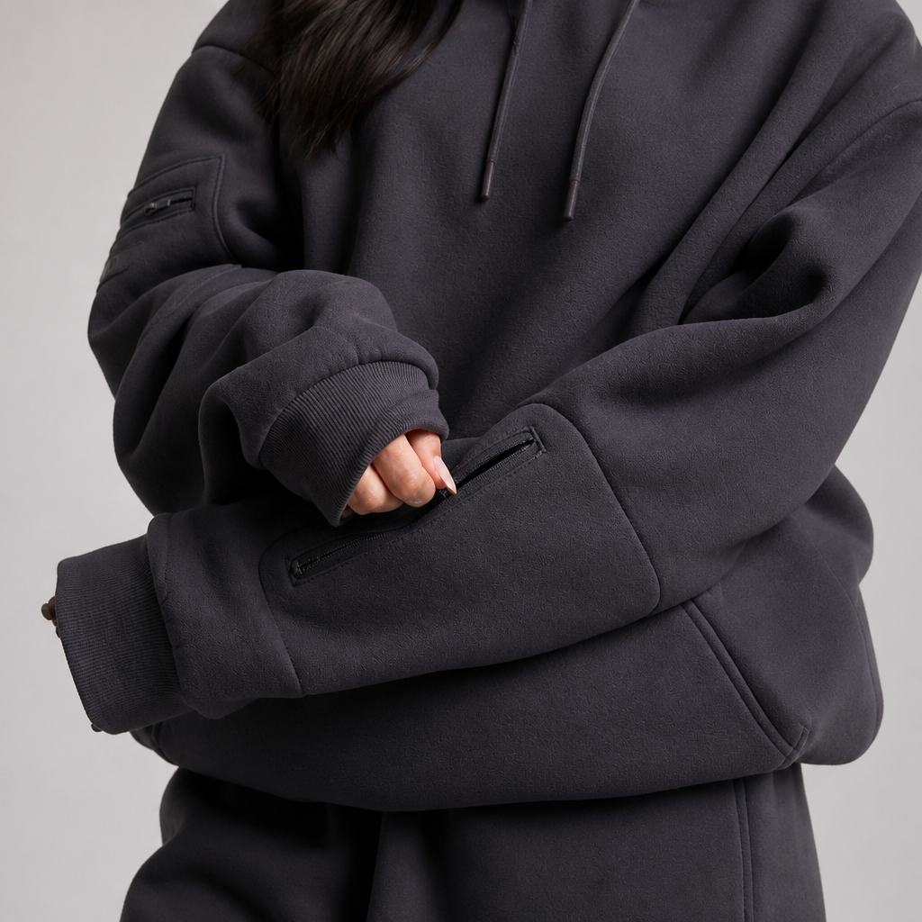 Sleepy Travel Hoodie in Grijs, close-up van het ritsvak op de bovenarm