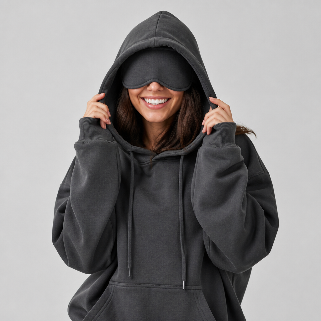 Sleepy Travel Hoodie in Grijs, model met hood op en oogmasker naar beneden getrokken