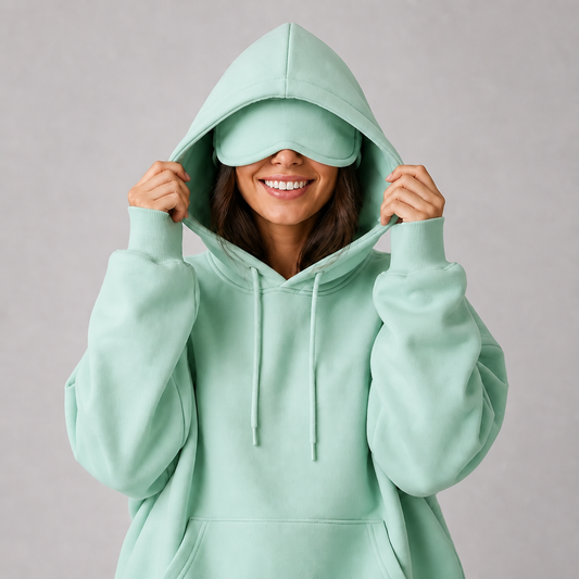 Sleepy Travel Hoodie in Mint, model met hood op en oogmasker naar beneden getrokken