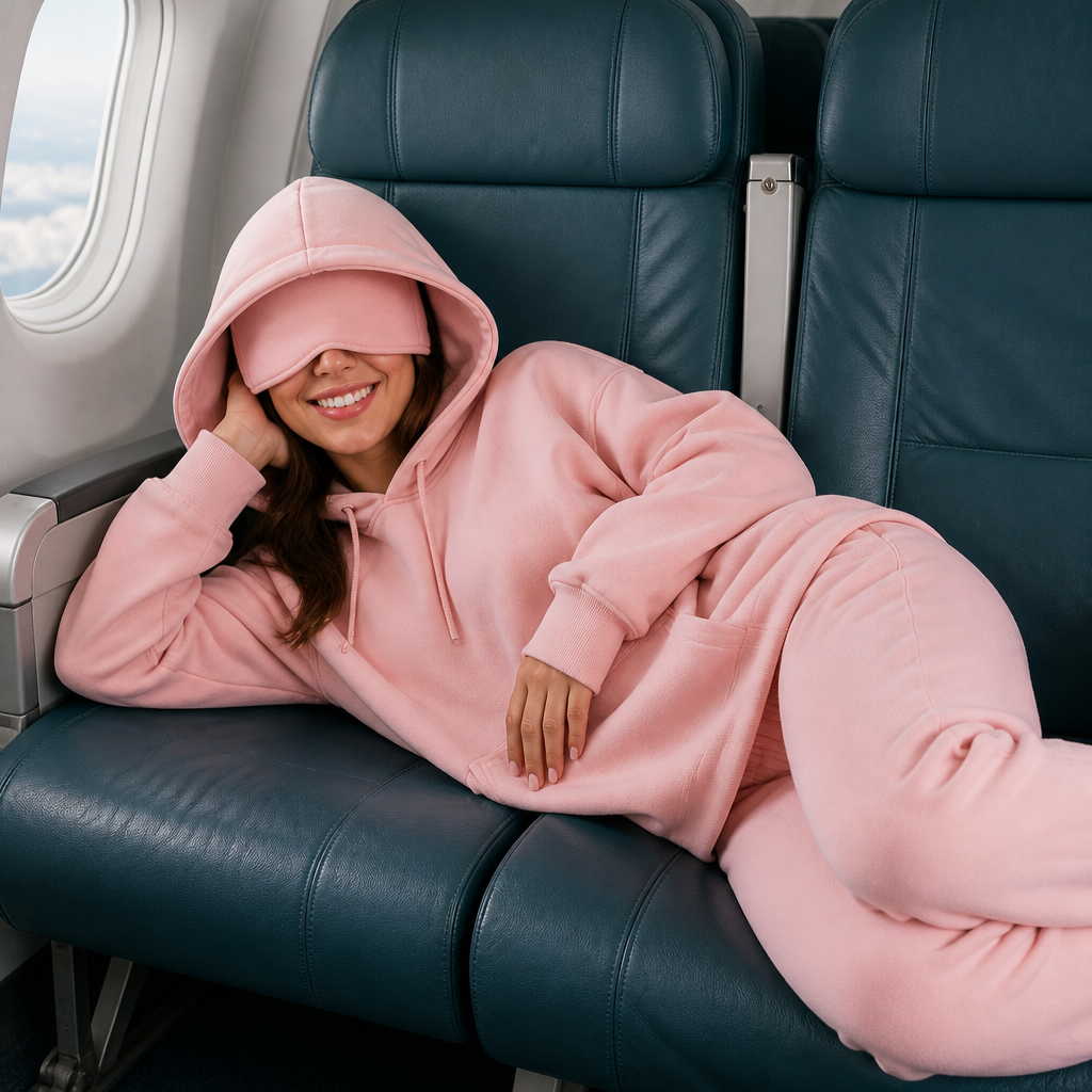 Sleepy Travel Hoodie Roze - liggend over vliegtuigstoelen met oogmasker