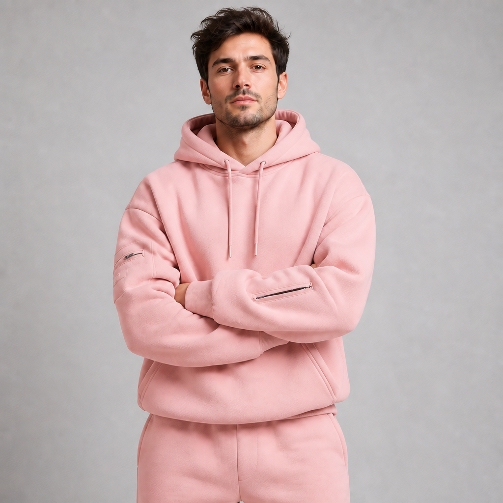 Sleepy Travel Hoodie Roze - mannelijk model, armen gekruist, zachtroze