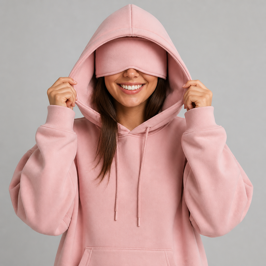 Sleepy Travel Hoodie in Roze, model met hood op en oogmasker naar beneden getrokken