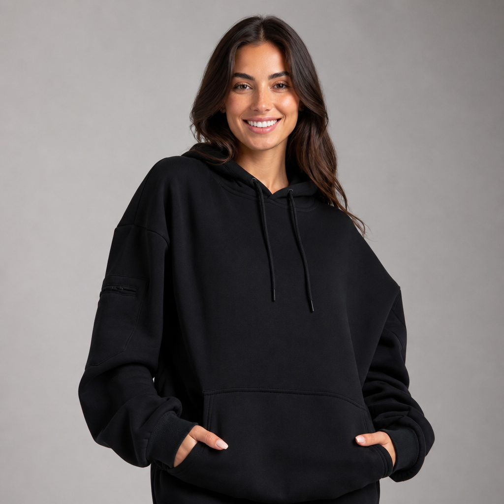 Sleepy Travel Hoodie in Zwart, model met gekruiste armen